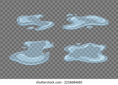 Water puddles isolated set. Blue splashes of spilled liquid with elements of drops and flowing geometric vector shapes