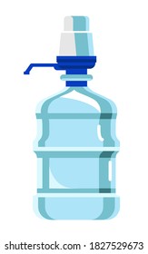 Water pump bottle. Cooler tank full of purified or mineral drinking water equipped with push pump isolated on white background. Big plastic container for pure fluid vector illustration