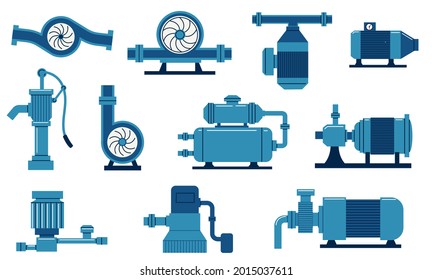 Water pump. Electric machine with compressor, aqua tank and motor. Gas and oil plumbing system. Cisterns with tube and valves. Industrial equipment set. Vector engineering construction