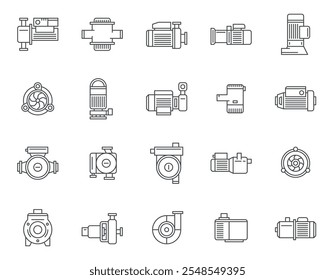 Bomba de água elétrica e manual sistema de encanamento ícone da arte da linha definir ilustração vetorial. Turbinas e equipamentos de tubulação de aço irrigação pressão distribuição industrial pipeline engenharia tecnologia