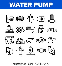 Water Pump Equipment Collection Icons Set Vector. Electric And Manual Water Pump, Turbine And Steel Pipe, Plumbing System Concept Linear Pictograms. Monochrome Contour Illustrations