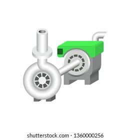 Water pump icon or centrifugal pump. Including with pipe and powered by engine with diesel or gasoline energy. For industrial, water supply infrastructure, farming, irrigation and agriculture.