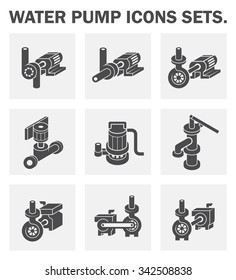 Water pump icon. Centrifugal, submersible and well pump. Rotate or powered by electric motor, engine and hand. Water pump station and pipe for distribution water in many industrial. Vector icon set.