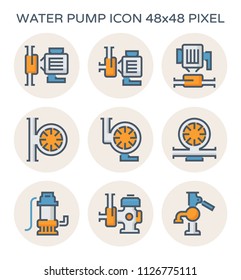 Water pump icon i.e. centrifugal, rotary, dewatering and well. Powered by electric motor, engine and hand. For produce flow and pressure to distribution, supply, drainage and control water. 48x48 px.