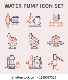 Water pump icon i.e. centrifugal, rotary, submersible and well pump. Powered by electric motor, engine and hand. For water supply infrastructure, wastewater treatment, plumbing and irrigation. 