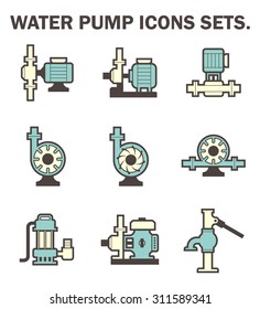 Water Pump Icon I.e. Centrifugal, Rotary, Submersible And Well Pump. Powered By Electric Motor, Engine And Hand. For Water Supply Infrastructure, Wastewater Treatment, Plumbing And Irrigation. 