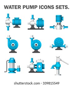 Water Pump Icon I.e. Centrifugal, Rotary, Submersible And Well Pump. Powered By Electric Motor, Engine And Hand. For Water Supply Infrastructure, Wastewater Treatment, Plumbing And Irrigation. 