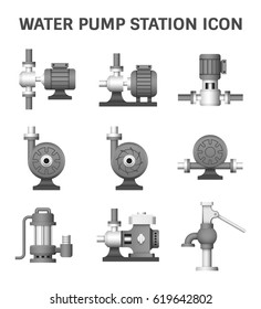 Water pump icon i.e. centrifugal, rotary, slurry and well. Powered by electric motor, engine and hand. For produce flow and pressure to distribution, transport, supply, drainage and control of water.