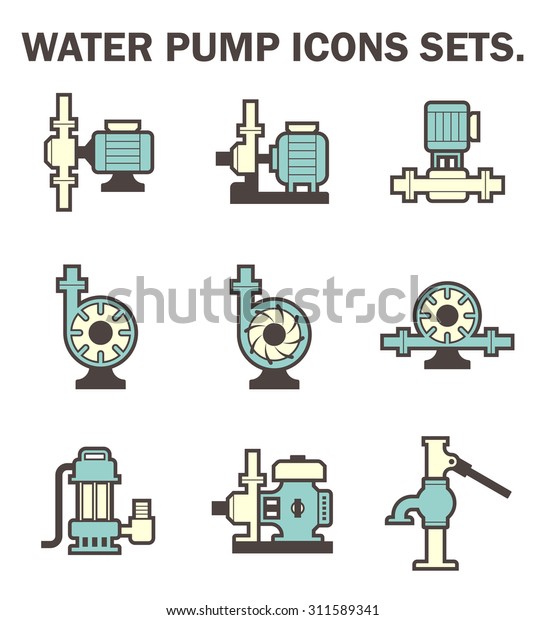 Water pump icon i.e. centrifugal, rotary, submersible\
and well pump. Powered by electric motor, engine and hand. For\
water supply infrastructure, wastewater treatment, plumbing and\
irrigation. 