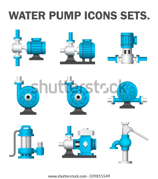 Water pump icon i.e. centrifugal, rotary, submersible
and well pump. Powered by electric motor, engine and hand. For
water supply infrastructure, wastewater treatment, plumbing and
irrigation. 