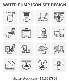 Water pump icon and irrigation watering system. Automatic control with electrical panel, timer switch and solenoid. Include hose, tube or pipe, water tank, solar panel, greenhouse, nozzle spray.