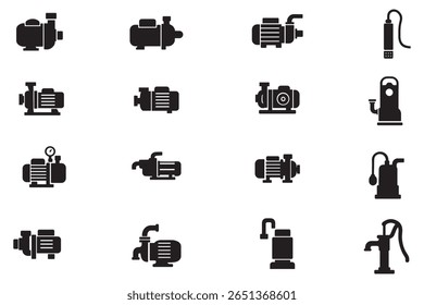 Water pump icon set. Collection of various industrial and domestic water pumps. Vector silhouette symbols