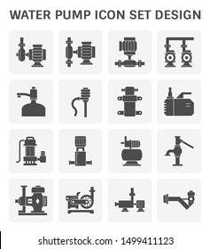 Water pump icon such as centrifugal, rotary, drinking water, diaphragm, submersible, high pressure, well and screw. Powered by electric motor, engine and hand. For control and move water. Vector icon.