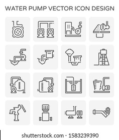 Water pump icon. Such as centrifugal, well and screw with control panel, solar panel, water source, station building and water tank. Using for water supply infrastructure, wastewater treatment etc. 