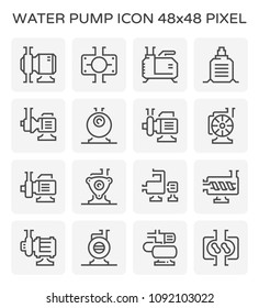 Water pump icon. Such as lobe, submersible sewage, centrifugal, screw, high pressure. Powered by electric motor. Using for water supply infrastructure, wastewater treatment, irrigation, plumbing etc.