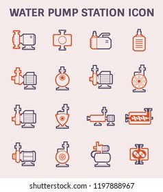 Water pump icon. Such as lobe, submersible sewage, centrifugal, screw, high pressure. Powered by electric motor. Using for water supply infrastructure, wastewater treatment, irrigation, plumbing etc.