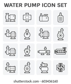 Water pump icon. Such as lobe, submersible sewage, centrifugal, screw, high pressure. Powered by electric motor. Using for water supply infrastructure, wastewater treatment, irrigation, plumbing etc.