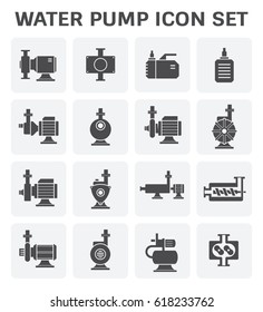 Water pump icon. Such as lobe, submersible sewage, centrifugal, screw, high pressure. Powered by electric motor. Using for water supply infrastructure, wastewater treatment, irrigation, plumbing etc.