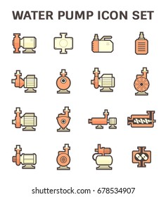 Water pump icon. Such as lobe, submersible sewage, centrifugal, screw, high pressure. Powered by electric motor. Using for water supply infrastructure, wastewater treatment, irrigation, plumbing etc.