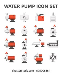 Water pump icon. Such as lobe, submersible sewage, centrifugal, screw, high pressure. Powered by electric motor. Using for water supply infrastructure, wastewater treatment, irrigation, plumbing etc.