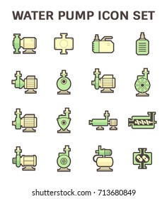 Water pump icon. Such as lobe, submersible sewage, centrifugal, screw, high pressure. Powered by electric motor. Using for water supply infrastructure, wastewater treatment, irrigation, plumbing etc.