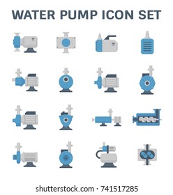 Water pump icon. Such as lobe, submersible sewage, centrifugal, screw, high pressure. Powered by electric motor. Using for water supply infrastructure, wastewater treatment, irrigation, plumbing etc.