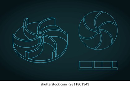 Water pump impeller blueprints stylized vector illustration