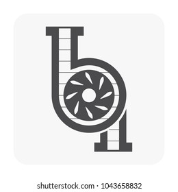 Water pump and propeller or turbine inside section view vector icon. Device for control water in industrial, water supply infrastructure, wastewater treatment, water cooling, irrigation and plumbing.