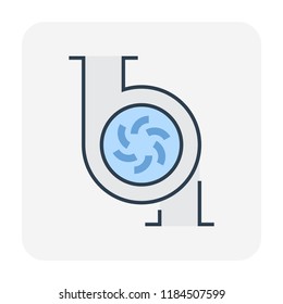 Water pump and propeller or turbine inside section view vector icon. Device for control water in industrial, water supply infrastructure, wastewater treatment, water cooling, irrigation and plumbing.