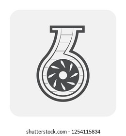 Water pump and propeller or turbine inside section view vector icon. Device for control water in industrial, water supply infrastructure, wastewater treatment, water cooling, irrigation and plumbing.