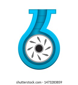 Water pump and propeller or turbine inside section view vector icon. Device for control water in industrial, water supply infrastructure, wastewater treatment, water cooling, irrigation and plumbing.