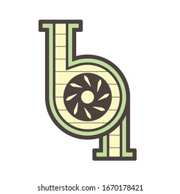 Water pump and propeller or turbine inside section view vector icon. Device for control water in industrial, water supply infrastructure, wastewater treatment, water cooling, irrigation and plumbing.