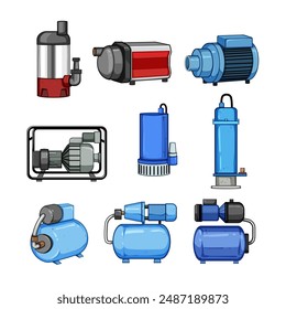water pump set cartoon. system treatment, waste tank, station clean water pump sign. isolated symbol vector illustration