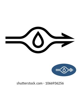 Señal de la bomba de agua con flechas de dirección de flujo y símbolo de gota líquida. Icono de estilo de línea.