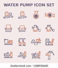 Water pump station icon. Consist of centrifugal, submersible and well pump. Powered by engine, hand and electric motor with solar energy. For produce flow and pressure to distribution or supply water.