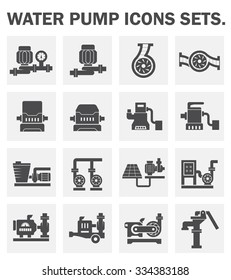 Water Pump Station Icon. Consist Of Centrifugal, Submersible And Well Pump. Powered By Engine, Hand And Electric Motor With Solar Energy. For Water Supply Infrastructure, Plumbing And Irrigation.