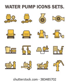 Water pump station icon. Consist of centrifugal, submersible and well pump. Powered by engine, hand and electric motor with solar energy. For water supply infrastructure, plumbing and irrigation.