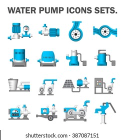 Water pump station icon. Consist of centrifugal, submersible and well pump. Powered by engine, hand and electric motor with solar energy. For water supply infrastructure, plumbing and irrigation.