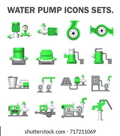 Water pump station icon. Consist of centrifugal, submersible and well pump. Powered by engine, hand and electric motor with solar energy. For produce flow and pressure to distribution or supply water.