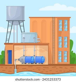 Estación de bomba de agua. Sistema de bombeo industria bombas construcción de tuberías, tubería de acero industrial tubo de alimentación planta de purificación de suministro de líquidos, ilustración vectorial de equipos de la industria industrial