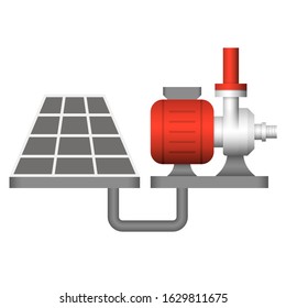 Water pump station and solar energy vector icon. Machine with system technology for agricultural farm. Consist of photovoltaic cell in panel to generate electrical power by light for electric motor.