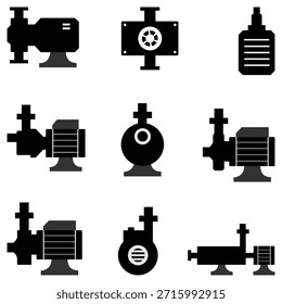Wasserpumpe und Systemsymbolsatz - Linien-Vektorgrafiken für Filtration, Druck und Sanitär