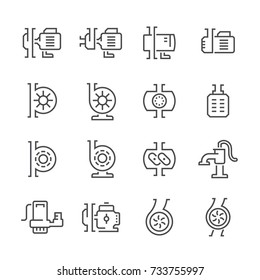 Water Pump Vector Line Icon E.g. Centrifugal, Lobe, Well, Sump. Powered By Electric Motor, Engine And Hand For Distribution Water In Pipe By Pressure For Station Of Plumbing, Sewage, Infrastructure.