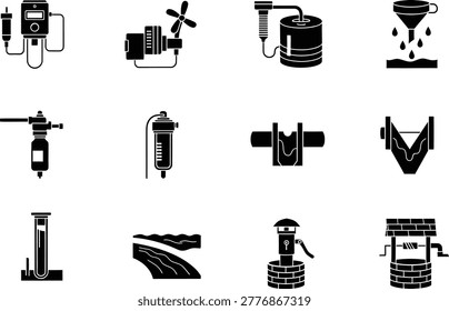 Water pump well icons set in black and white industrial style