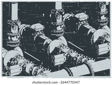 Sistema de estação de bombeamento de água feche ilustrações isométricas de vetor estilizado no estilo de poster retro