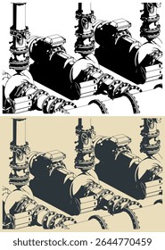 Sistema de estação de bombeamento de água feche ilustrações isométricas de vetor estilizado