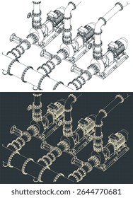 Sistema de estações de bombeamento de água projetos isométricos ilustrações vetoriais estilizadas