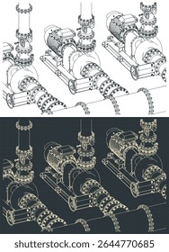 Water pumping station system isometric blueprints stylized vector illustrations