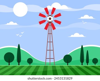 Molino de bombeo de agua. Paisaje rural de verano con campo y hierba. Área verde con cielo azul y nubes. Fondo de la naturaleza. Vector gráfico