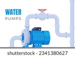 Water pumps with connected pipes. Pumping of water and liquids. Technical equipment for water stations. Water supply pipes. Vector illustrations